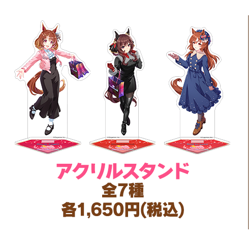 東京メガイルミのアクリルスタンド全7種のうち3種と商品名・価格を示す公式画像crop