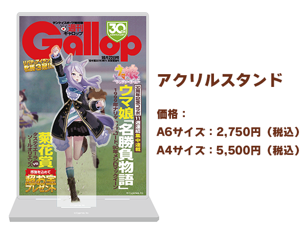 『週刊Gallop』コラボ表紙デザインのアクリルスタンドとA6・A4の当時価格を示す公式画像のレビュー済み切り抜き