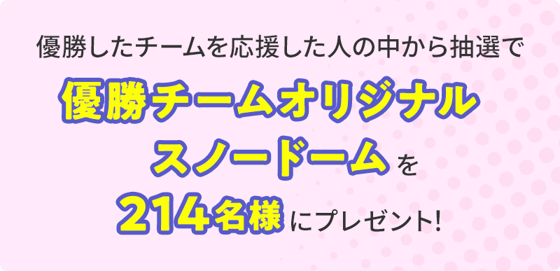 優勝チームオリジナルスノードーム214名を案内する明治公式賞品パネル