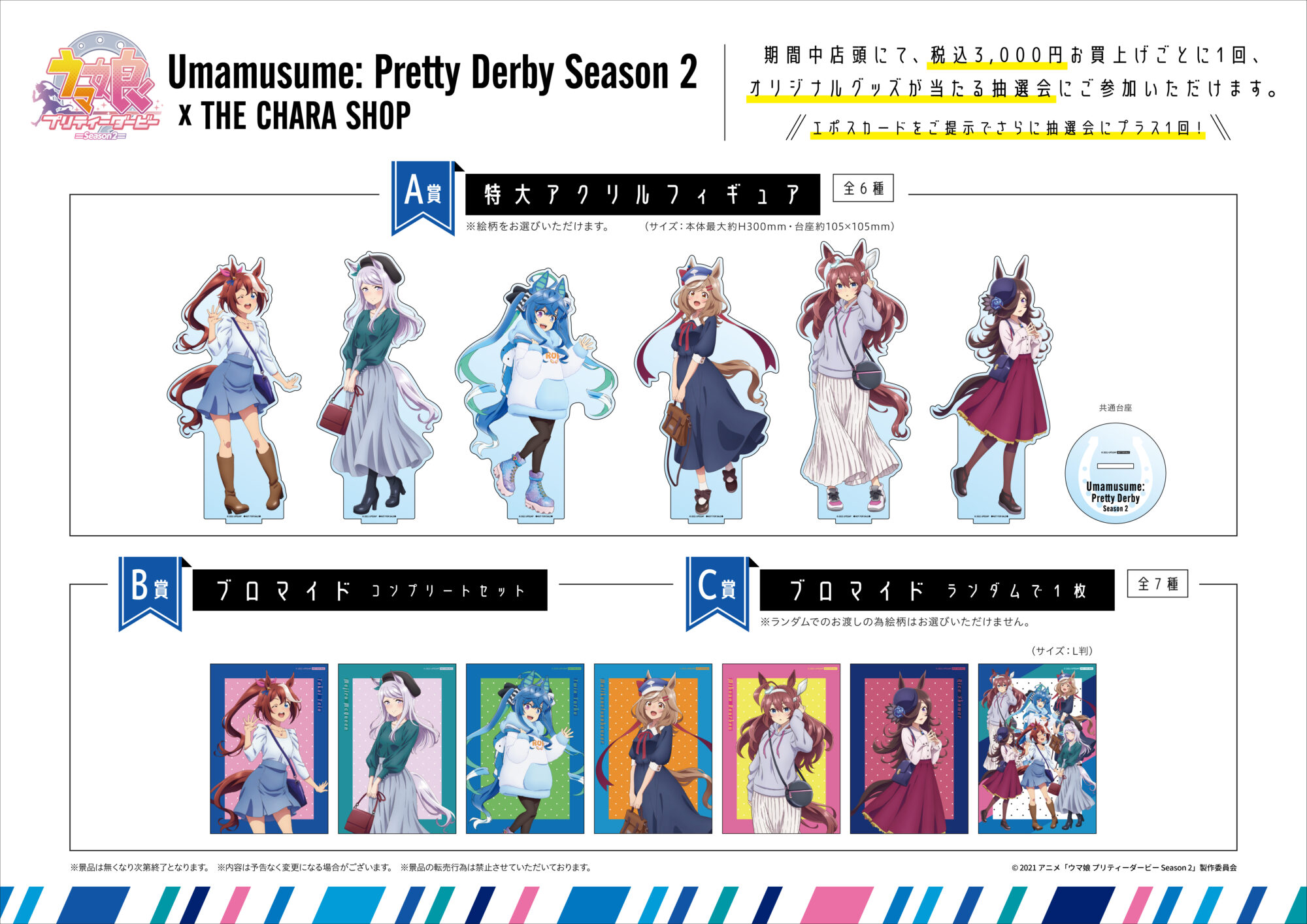 購入抽選の特大アクリルフィギュアとブロマイド全7柄を示す公式景品画像