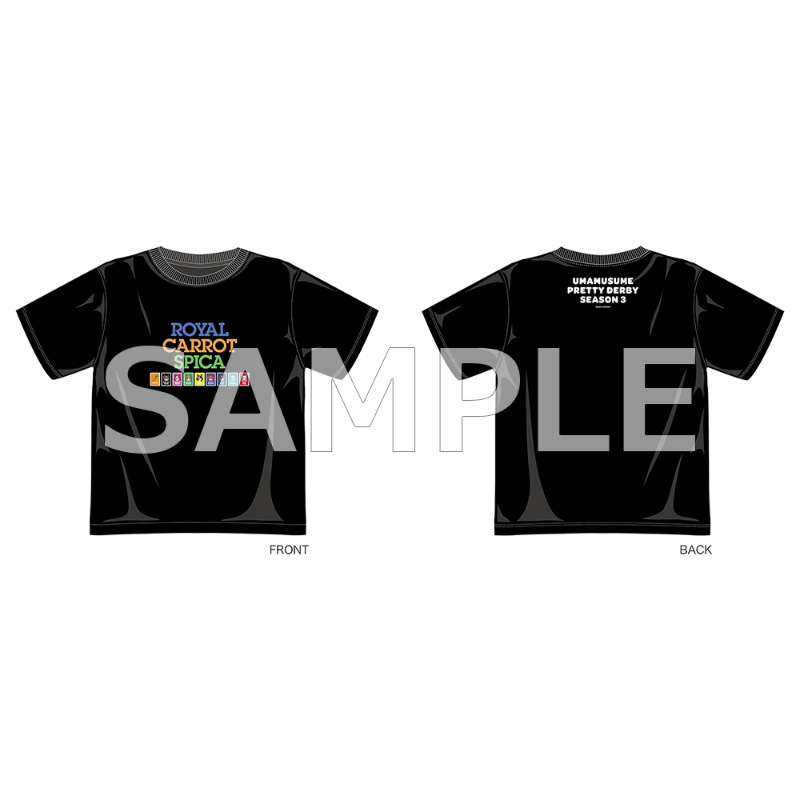 チーム＜スピカ＞デフォルメイラストを胸元に配した黒色Tシャツの前面と背面を並べたSTUDIO KAI公式商品画像